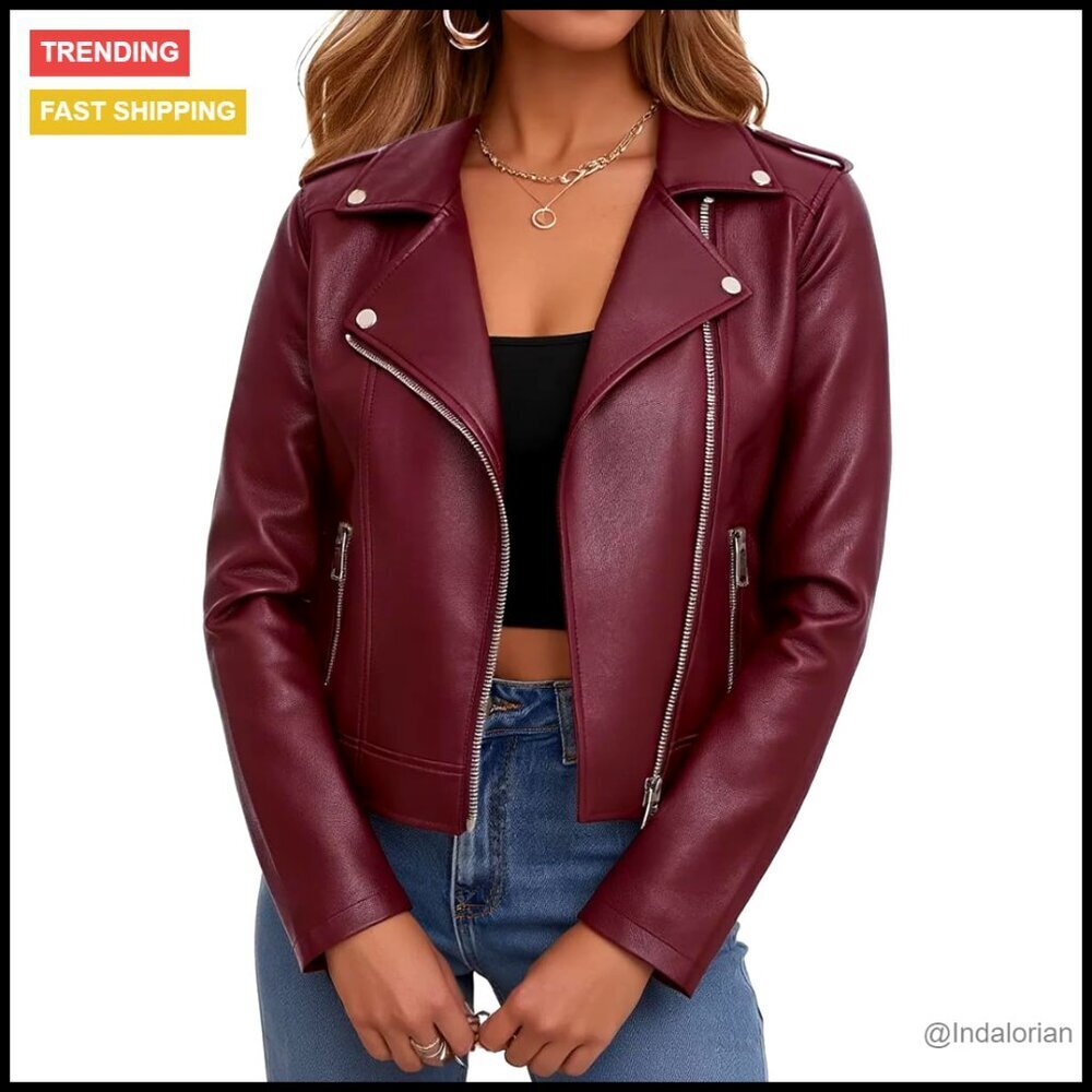 Faux Leather Cropped Moto Jacket Vintage Biker Style Zip Up Casual